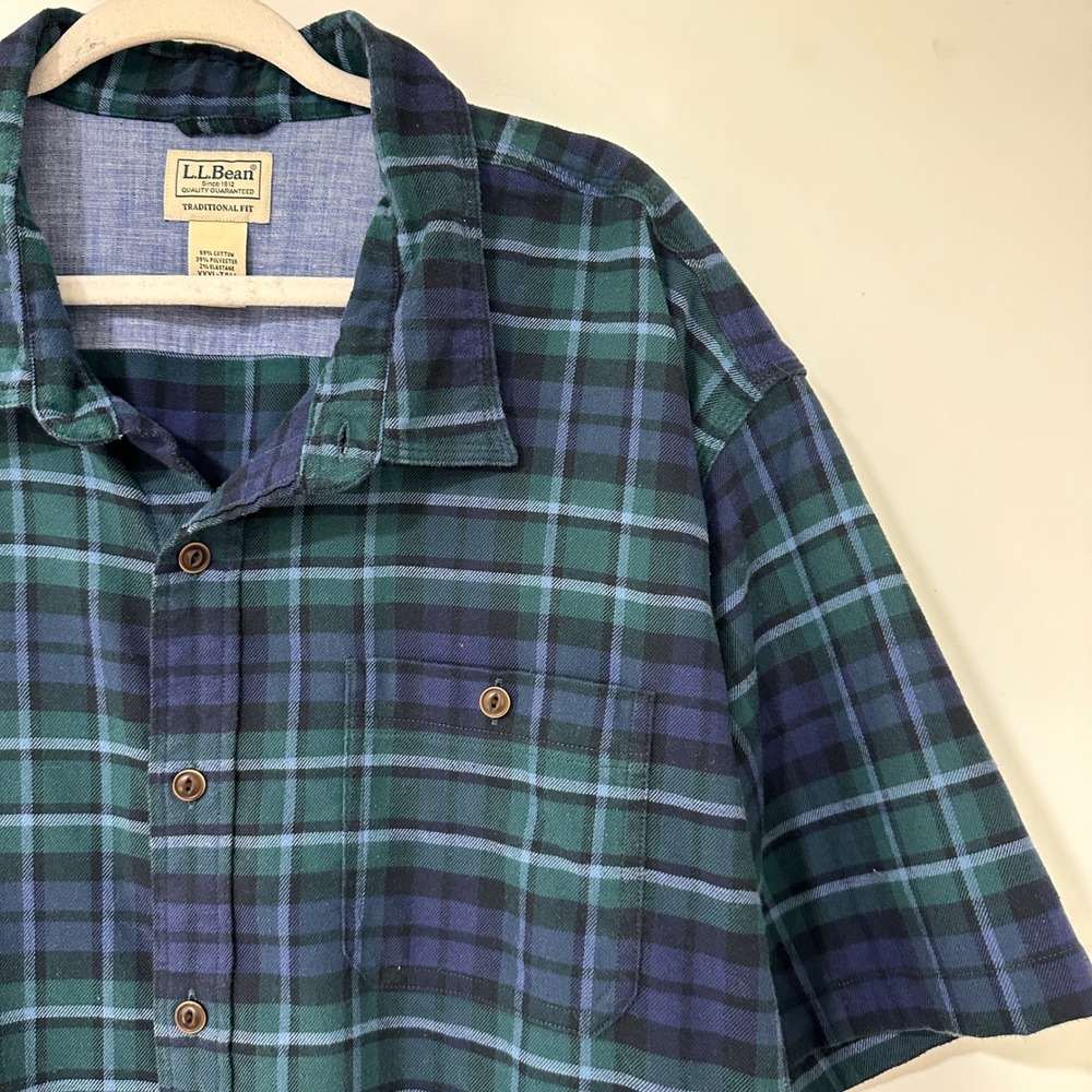L.L. Bean Plaid Flannel Shirt Mens XXXL Tall Blue Green Short Sleeve Button Down
